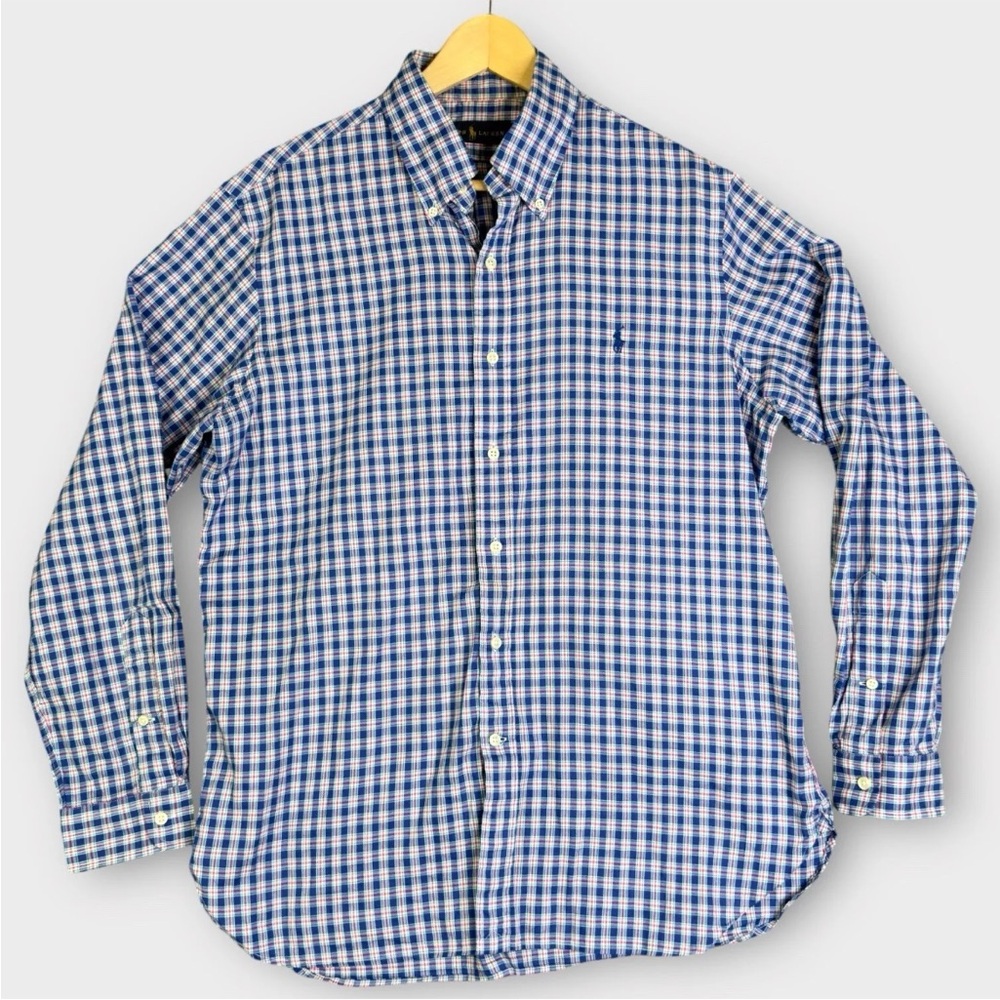 Ralph Lauren Button Down Shirt Mens Large Blue Plaid Preppy Pony Casual EUC